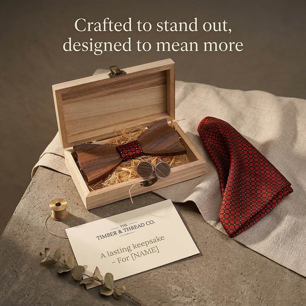 T341 T341  Woven Check Engraving Bow Tie Set, Walnut — view 7