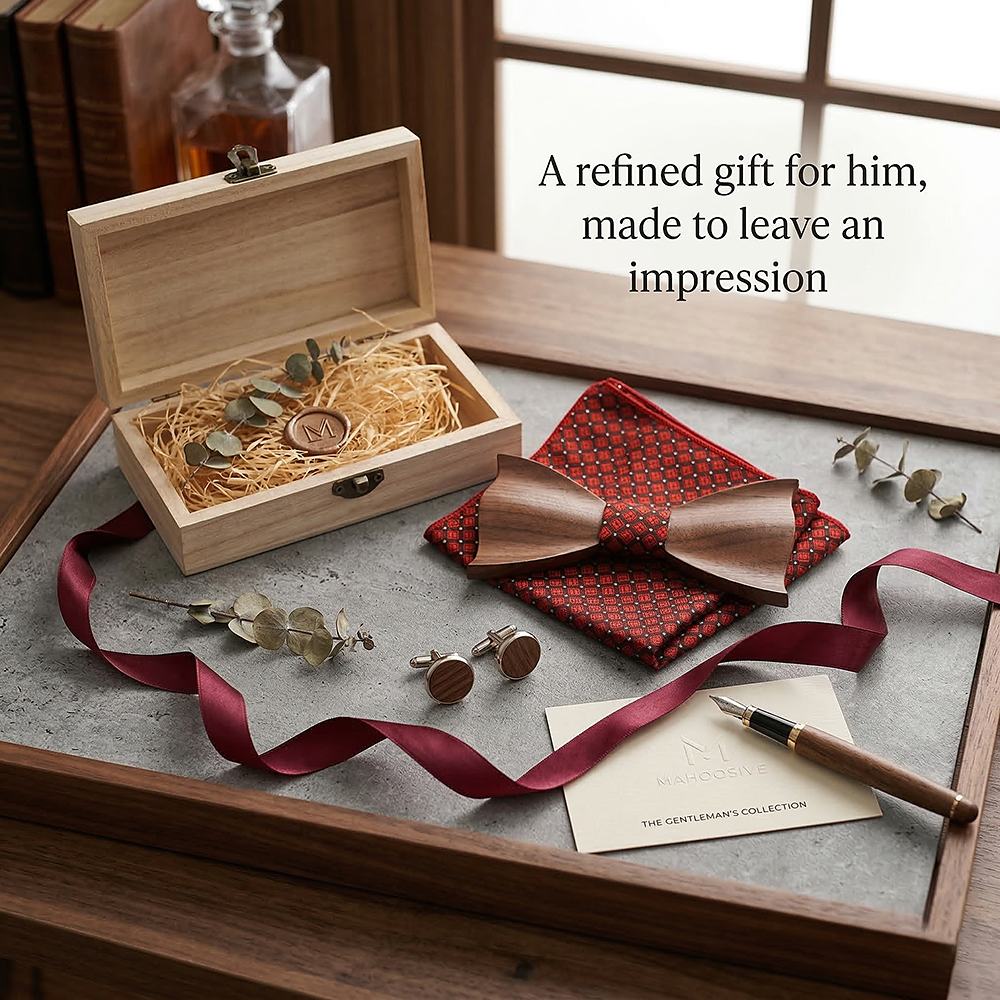 T341 T341  Woven Check Engraving Bow Tie Set, Walnut — view 8