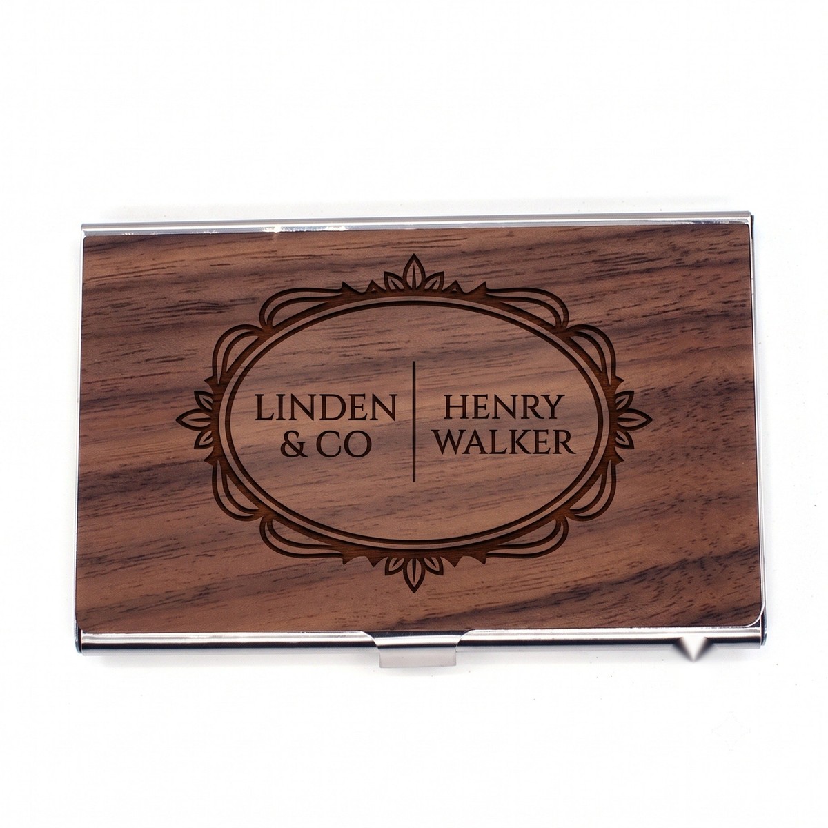 Walnut business card case with engraved face